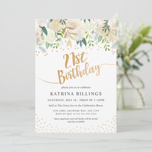 White Floral and Gold 21st Birthday Party Kaart (Staand voorkant)
