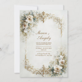 White Floral And Gold Baroque Scroll Wedding Kaart