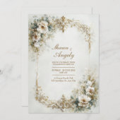 White Floral And Gold Baroque Scroll Wedding Kaart (Voorkant / Achterkant)