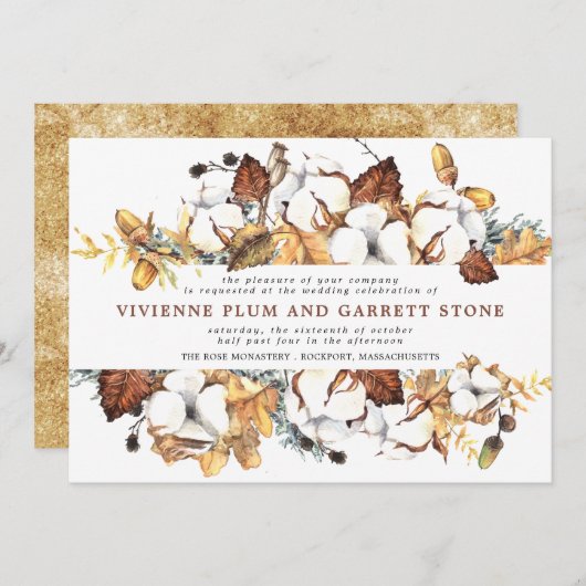 White Floral and Gold Leaves Fall Wedding Kaart (Voorkant / Achterkant)