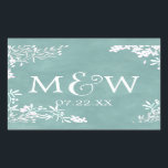 White Floral Any Color Waterverf Wedding Monogram Rechthoekige Sticker<br><div class="desc">Witte Bloemen Rand & Kleur Bewerkbare Waterverf Achtergrond Bruiloft monogram stickers. Met trendy penseelscriptstijl lettertype! ~ Verander gemakkelijk de waterverf achtergrondkleur,  klik op "Aanpassen Verder" Scroll naar beneden door de tekst en afbeeldingen totdat u het achtergrondkleurgebied ziet,  en selecteer uw aangepaste kleur.</div>