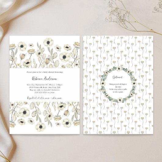White Floral baby shower + diaper raffle Kaart