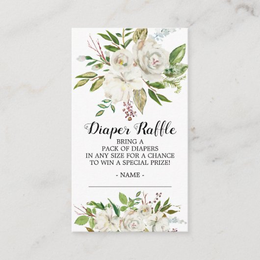 White Floral Baby shower Luier Raffle Ticket Informatiekaartje (Voorkant)