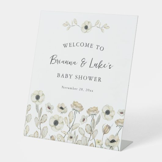 White Floral Baby Shower Welcome Reclamebord Met Voetstuk (Voorkant)