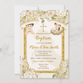 White Floral Baptism Fiesta Twin Boy and Girl Kaart (Voorkant)