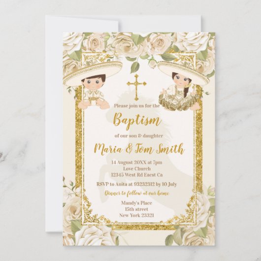 White Floral Baptism Fiesta Twin Boy and Girl Kaart (Voorkant)