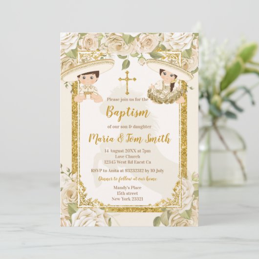 White Floral Baptism Fiesta Twin Boy and Girl Kaart (Staand voorkant)