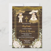 White Floral Baptism Fiesta Twin Invitation Kaart (Voorkant)