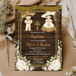 White Floral Baptism Fiesta Twin Invitation Kaart
