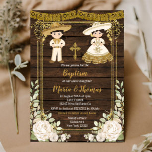 White Floral Baptism Fiesta Twin Invitation Kaart