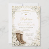 White Floral Baptism Invite with Cowboy Boots Kaart (Voorkant)