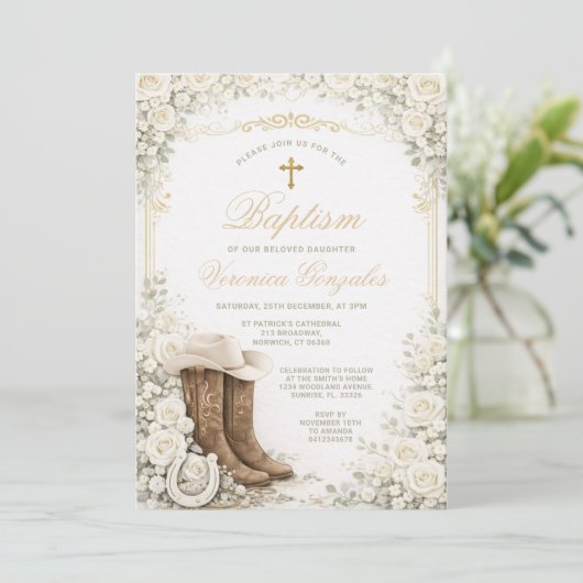 White Floral Baptism Invite with Cowboy Boots Kaart (Staand voorkant)