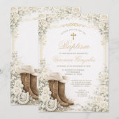White Floral Baptism Invite with Cowboy Boots Kaart (Voorkant / Achterkant)
