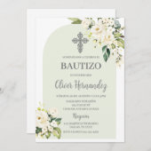 White Floral Bautizo - Spaanse uitnodiging (Voorkant / Achterkant)