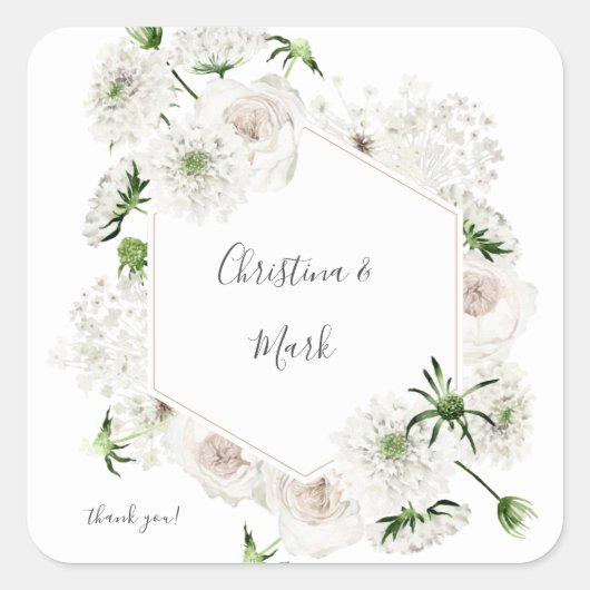 White Floral bedankt Vierkante Sticker (Voorkant)