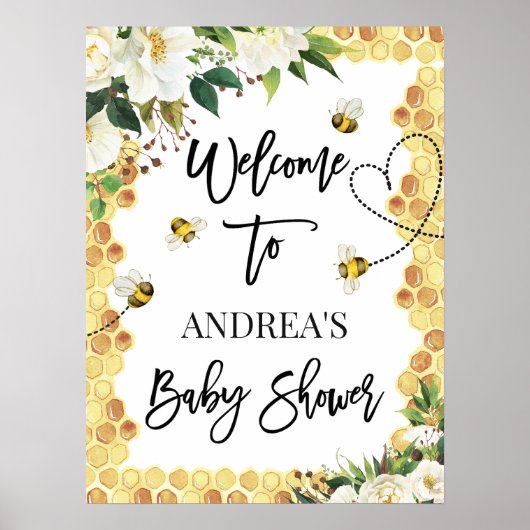 White Floral bee Baby shower Welcome Sign Poster (Voorkant)