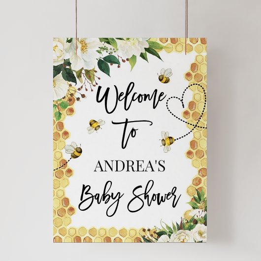 White Floral bee Baby shower Welcome Sign Poster