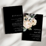 White Floral | Black All-in-One Weddenschap Kaart<br><div class="desc">We ontwierpen deze witte Floral | Zwarte all-in-one huwelijksuitnodiging om uw rustige, donkere tropische bruiloft te voltooien. Met zijn boze waterverf grof naar zijn moderne boho winterbloemen, inclusief protea, dahlia en gedroogde lotus, zal het ontwerp zeker uw humeurig, minimalistisch groen en wit thema afzetten. Verander de tekst en voeg een...</div>