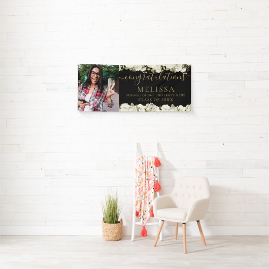 White Floral Black and Gold Photo Afstuderen Spandoek (Insitu)