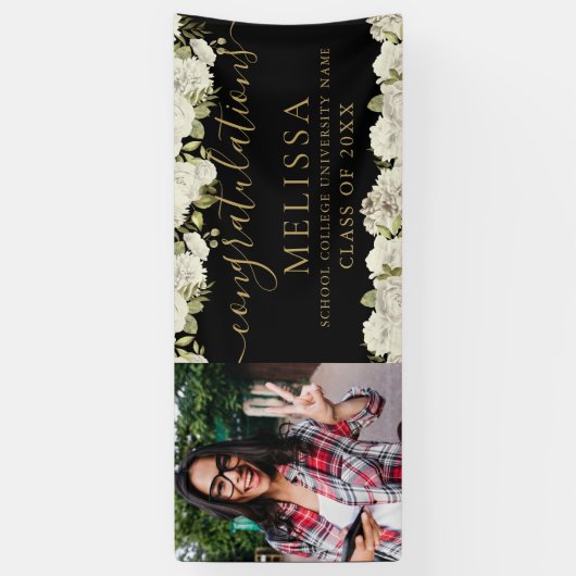 White Floral Black and Gold Photo Afstuderen Spandoek (Verticaal)