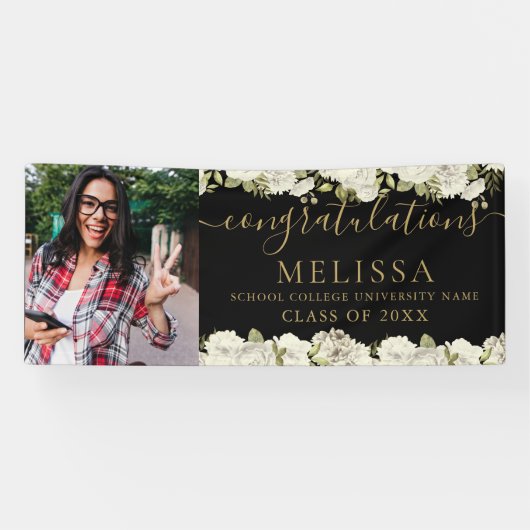 White Floral Black and Gold Photo Afstuderen Spandoek (Horizontaal)