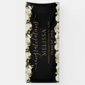 White Floral Black en Gold Script Afstuderen Spandoek (Verticaal)