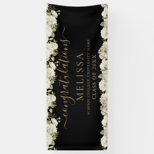 White Floral Black en Gold Script Afstuderen Spandoek (Verticaal)