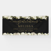 White Floral Black en Gold Script Afstuderen Spandoek (Horizontaal)