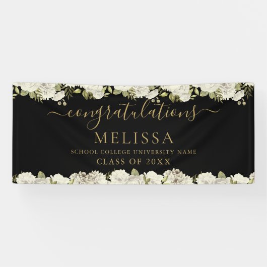 White Floral Black en Gold Script Afstuderen Spandoek (Horizontaal)