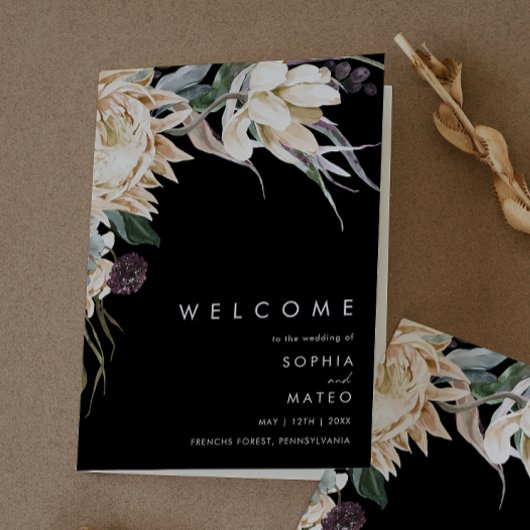 White Floral | Black Folded Wedding Programme Programma