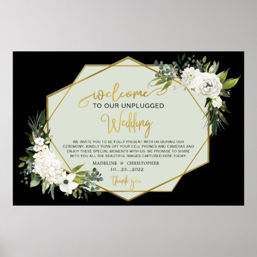White Floral Black Gold Wedding Names Unplugged Poster (Voorkant)