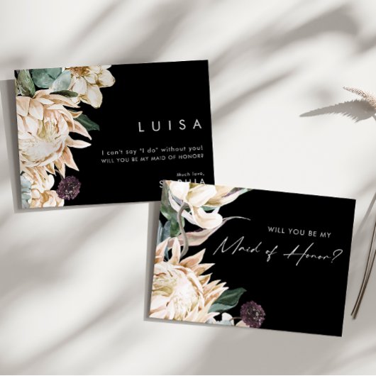 White Floral Black | Maid of Honor proposal card Kaart