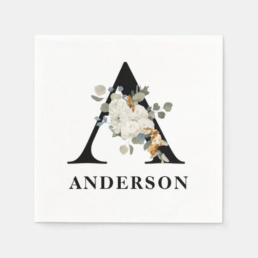 White Floral Black Monogram A Servet (Voorkant)