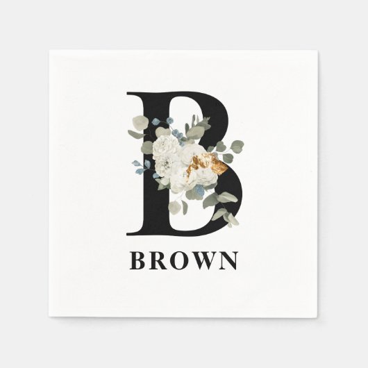 White Floral Black Monogram B Napkins Servet (Voorkant)