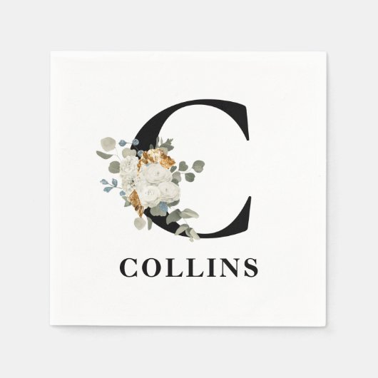 White Floral Black Monogram C Servet (Voorkant)