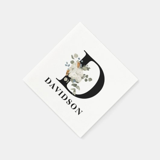 White Floral Black Monogram D Servet (Hoek)