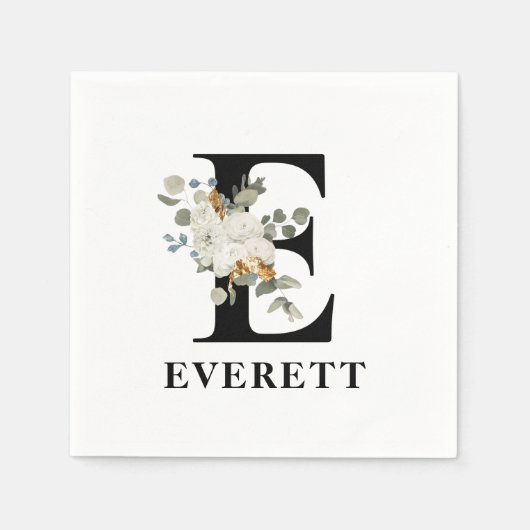 White Floral Black Monogram E Servet (Voorkant)