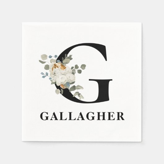 White Floral Black Monogram G Servet (Voorkant)