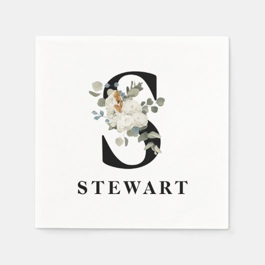 White Floral Black Monogram S Servet (Voorkant)
