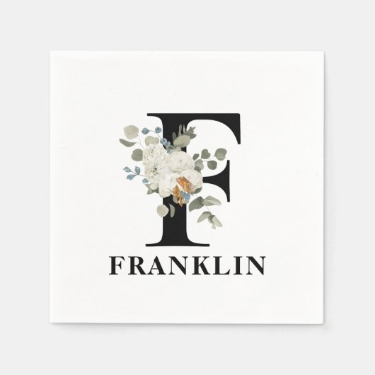 White Floral Black Monogram Servet (Voorkant)
