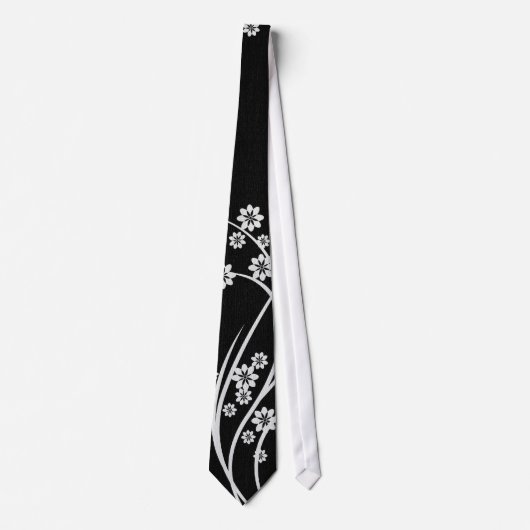 White Floral Black Silky Mannen Stropdas (Voorkant)