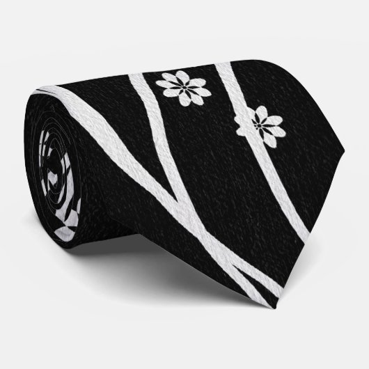 White Floral Black Silky Mannen Stropdas (Opgerold)