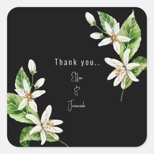 White Floral Black Wedding Custom Dank je Vierkante Sticker (Voorkant)