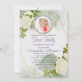 White Floral Bloom Foto eerste communiqué Kaart (Voorkant)