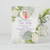 White Floral Bloom Foto eerste communiqué Kaart (Staand voorkant)