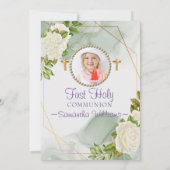 White Floral Bloom Foto eerste communiqué Kaart (Achterkant)