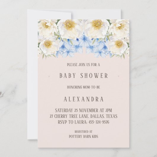 White Floral Blue Hydrangea Garden Baby shower Kaart (Voorkant)