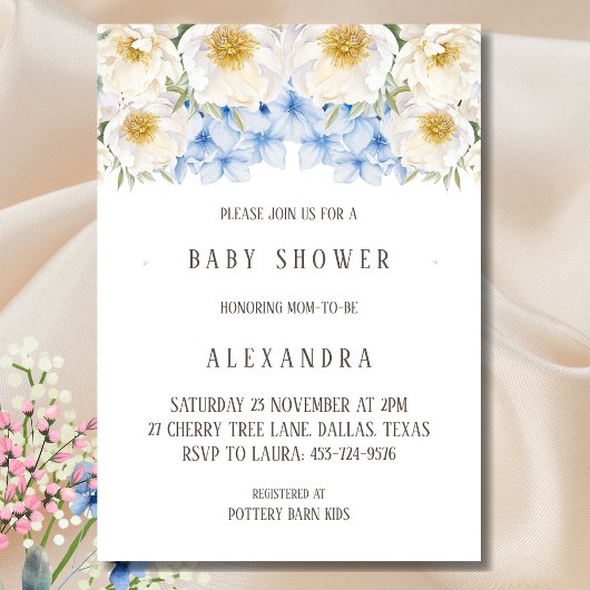 White Floral Blue Hydrangea Garden Baby shower Kaart