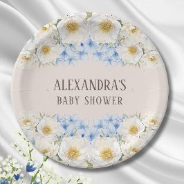 White Floral Blue Hydrangea Garden Baby shower Papieren Bordje