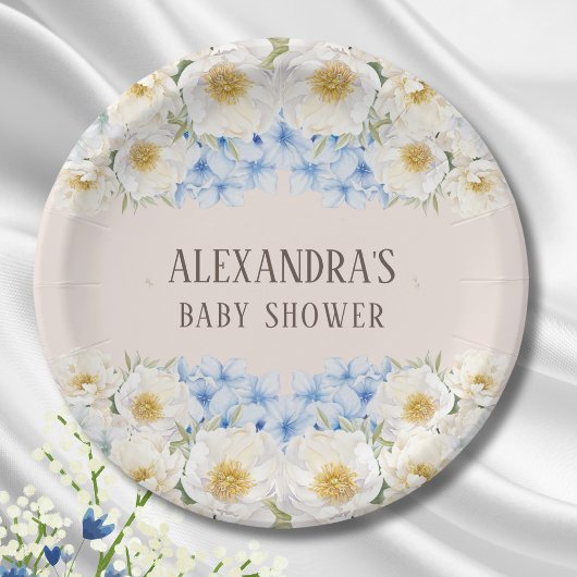 White Floral Blue Hydrangea Garden Baby shower Papieren Bordje